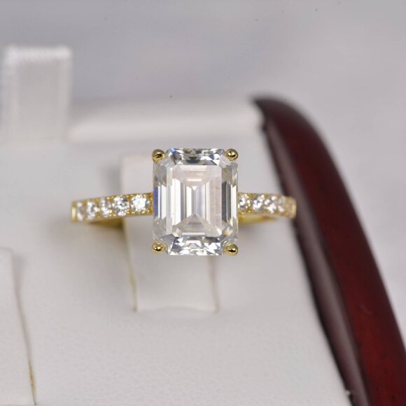 Certified 4.8ct Emerald Cut Full Moissanite Engagement Ring - Picture 1 of 8